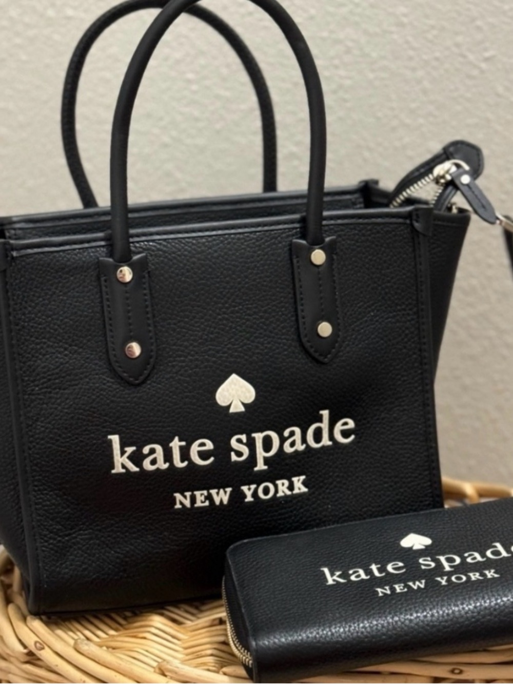 kate spade Black Leather Satchel with White Logo with matching wallet.